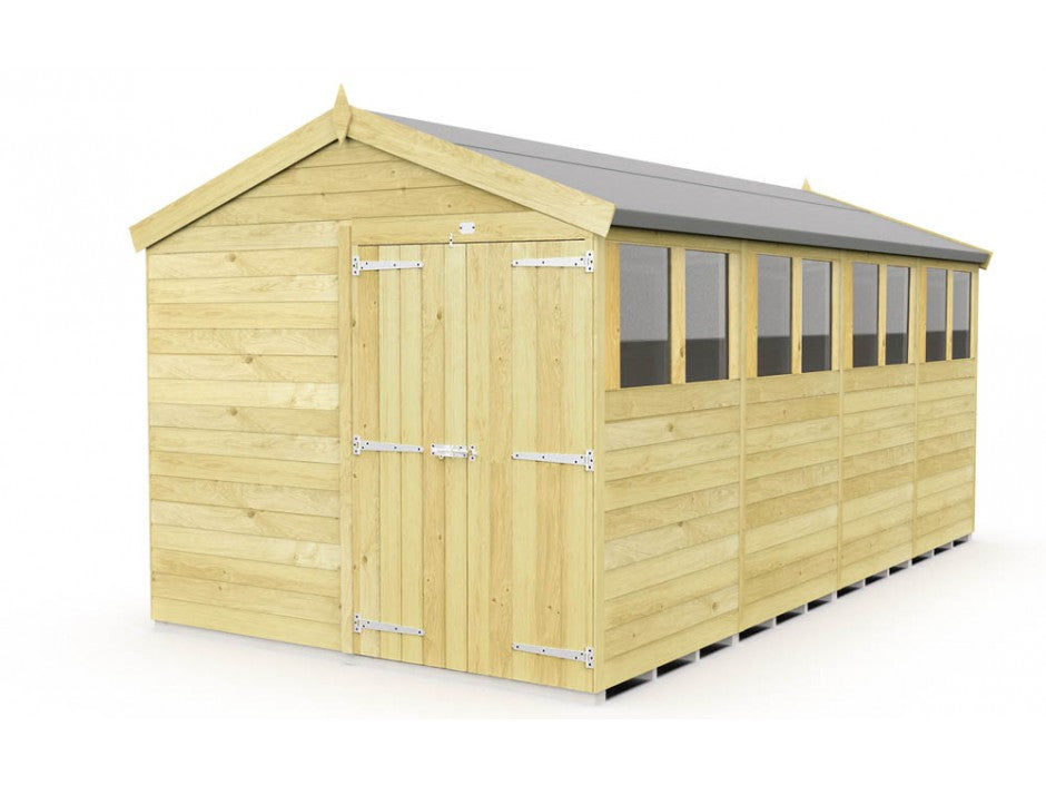 The ShedsDIY Apex Shed 8ft wide offers tongue and groove construction with a gabled roof, side windows, and double doors with metal hinges for versatile garden storage. Its wooden structure is set against a crisp white background.