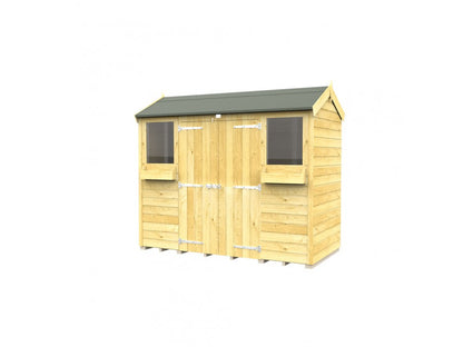 The ShedsDIY Apex Summer Shed is a wooden garden storage shed featuring a pitched roof, tongue and groove construction, closed double doors with metallic hinges and fastenings, and two small windows on either side. The light brown shed is set against a plain white background.