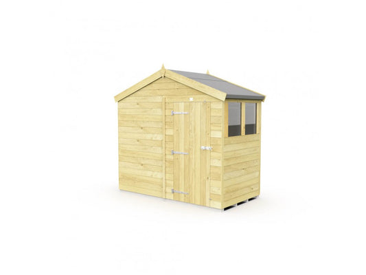 The Apex Shed 8ft wide by ShedsDIY is perfect for garden storage, featuring tongue and groove construction. This small wooden shed includes a pitched roof, a window, and double doors with metal hinges. Its natural light brown wood looks striking against the white background.