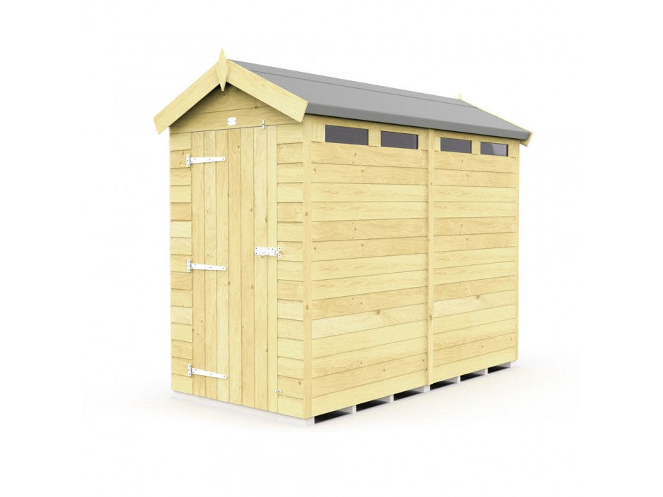 The Apex Shed 4ft Wide by ShedsDIY is a light wooden shed with a gabled roof and three square windows near the top side. The front has a door with metal hinges and latch, ideal for garden storage. It's weather-resistant though gaps are visible under its sturdy foundation.