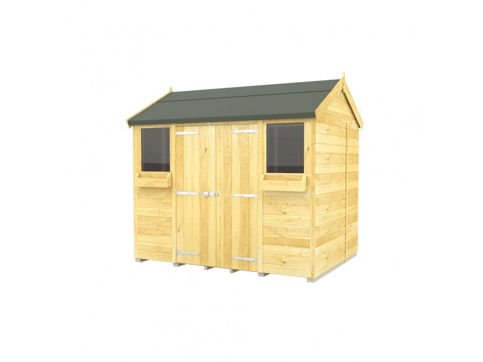 The ShedsDIY Apex Summer Shed is ideal for garden storage, featuring a green gabled roof and tongue and groove construction. Light-colored wood showcases beautiful grain patterns, accented by silver metal hinges on the double doors framed by two small windows.