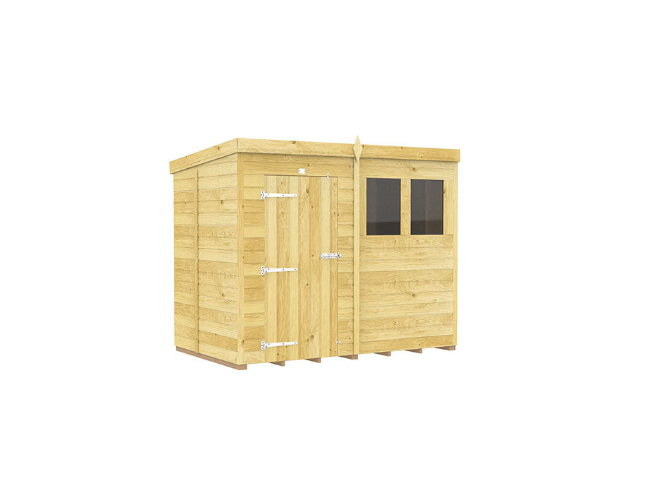 The ShedsDIY Pent Shed 5ft Wide features a modern pent style with a flat roof and light wood finish. Its tongue and groove cladding ensures durability, while a left-side door with metal hinges and two rectangular windows on the right make it perfect for garden storage.