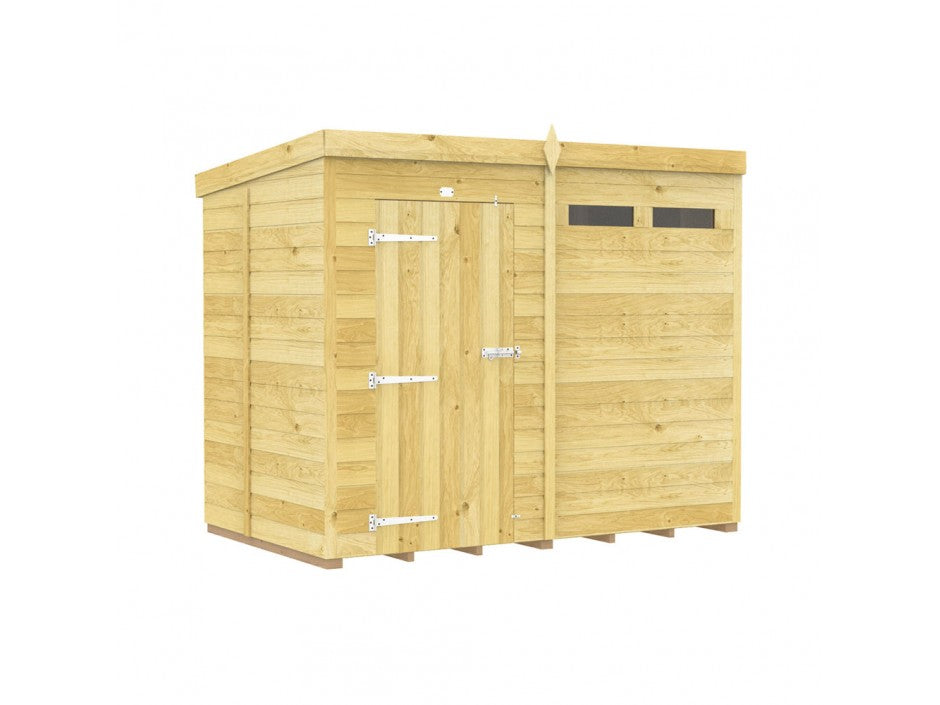 The ShedsDIY Pent Shed 5ft Wide features a flat roof, sleek tongue and groove cladding, a single left-side door with modern silver hinges and handle, plus two small horizontal windows on the upper right for a minimalistic yet functional design.