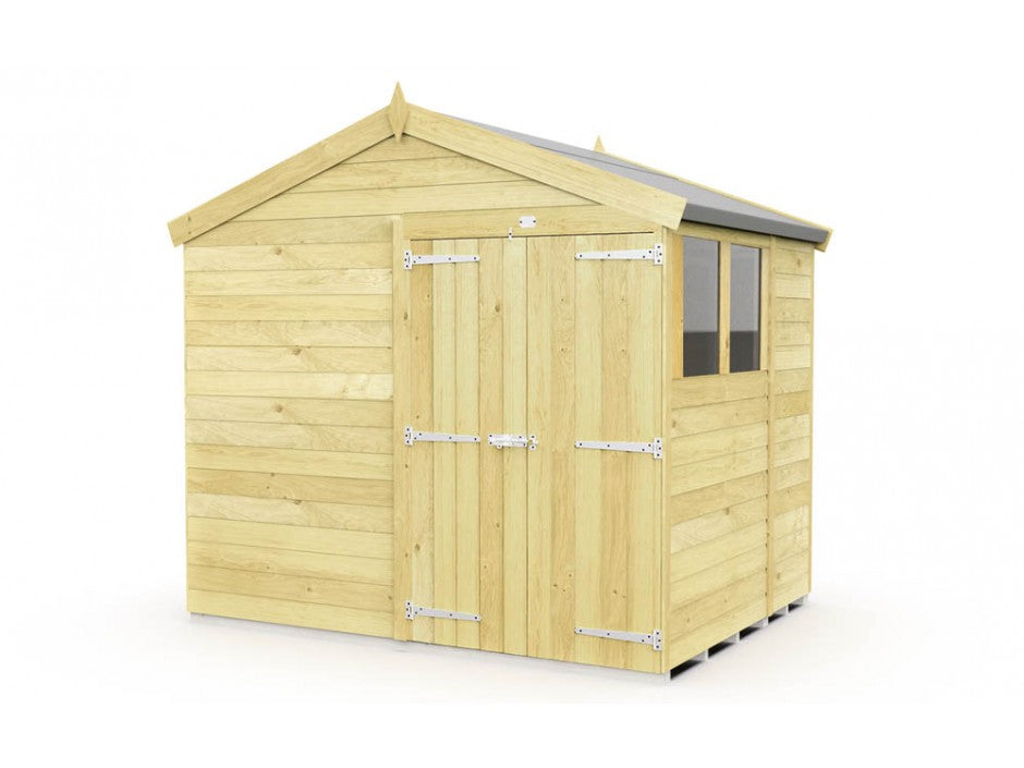 The ShedsDIY Apex Shed 8ft wide features a charming wooden design with a gabled roof, double doors, horizontal tongue and groove paneling, and a side window for brightness. It's ideal for garden storage and rests on a sturdy wooden base.