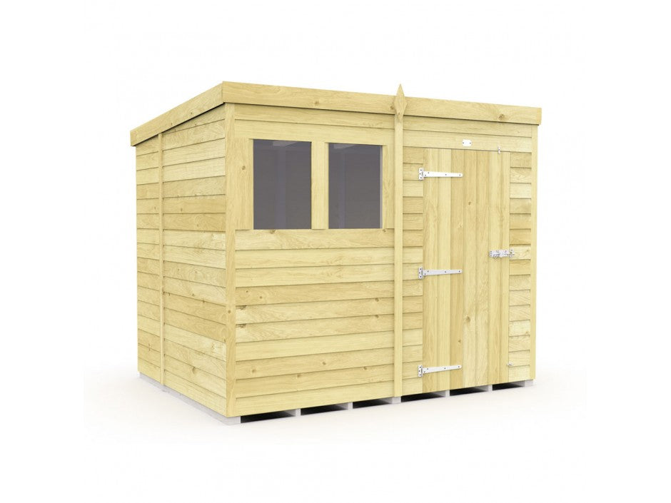 The ShedsDIY Pent Shed 7ft wide is a wooden garden storage unit with a slanted roof and two small windows on the left side. It features light-colored tongue and groove cladding, a single right-side door secured with metal hinges and latch, standing on a flat surface.