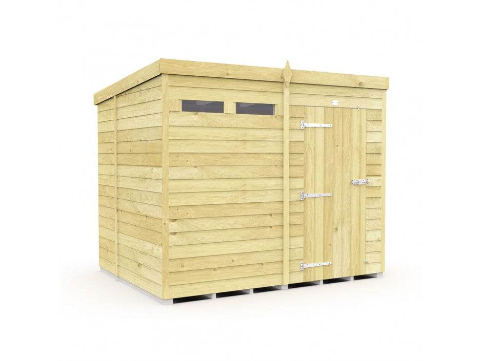 The ShedsDIY Pent Shed 7ft wide features a flat roof and horizontal slats, with a door equipped with two metal hinges and a front handle. It has three small rectangular windows near the top, all set against a white background, highlighting its elegant tongue and groove cladding.