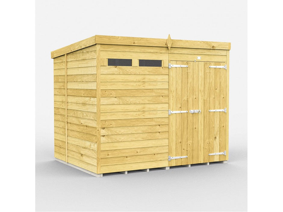 The ShedsDIY Pent Shed 7ft wide features horizontal tongue and groove cladding, a slanted roof, two small rectangular windows, and double doors with metal hinges and latches. This wooden garden storage building is showcased against a plain white background.