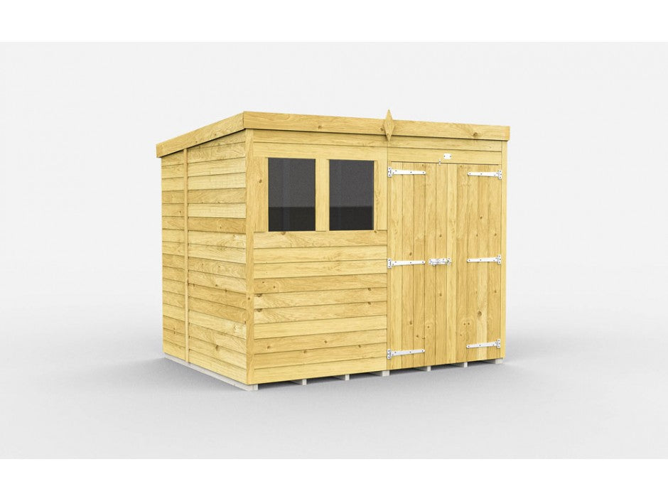 The ShedsDIY Pent Shed 7ft wide is perfect for garden storage, featuring a flat pent roof with tongue and groove cladding. It includes a left-side window, a right-side door with metal hinges and latch, all accentuated by its natural wood finish and horizontal paneling.