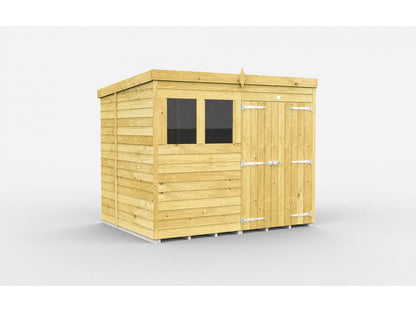 The ShedsDIY Pent Shed 7ft wide is perfect for garden storage, featuring a flat pent roof with tongue and groove cladding. It includes a left-side window, a right-side door with metal hinges and latch, all accentuated by its natural wood finish and horizontal paneling.