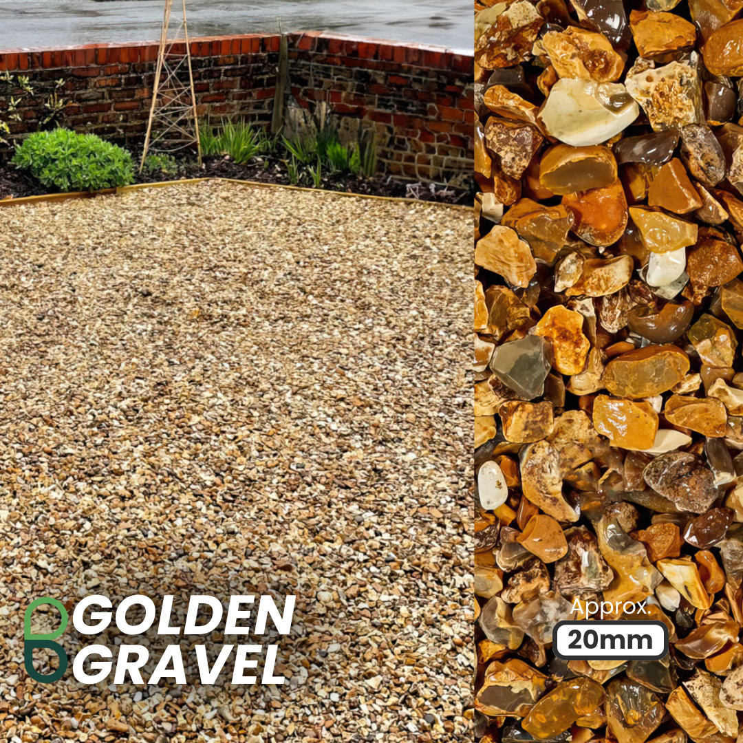 A garden area adorned with 20mm Brisks Golden Gravel, showing a close-up of its texture and diverse shades of brown, orange, and tan. Text reads "Golden Gravel," highlighting the elegance of this decorative gravel.