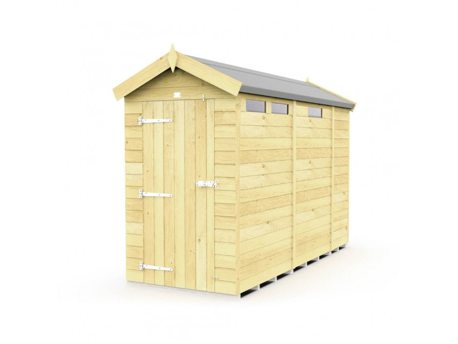 The ShedsDIY Apex Shed 4ft Wide is an ideal garden storage solution featuring a pitched roof, horizontal plank siding, and weather-resistant construction. It includes a double door with metal hinges and three rectangular windows near the roofline, set against a plain white background.