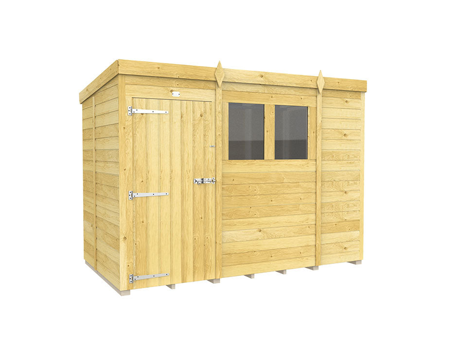 The Pent Shed 5ft Wide by ShedsDIY is designed with a flat roof and durable tongue and groove cladding. It features a left-side door with metal hinges and two right-side windows, offering a simple, functional appeal with its light-colored timber planks.