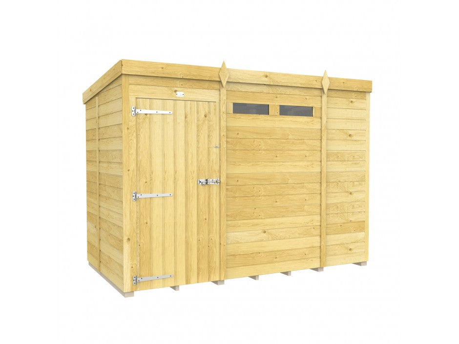 ShedsDIY's Pent Shed 5ft Wide is a wooden garden storage building with a flat roof and vertical slat design. It features tongue and groove cladding, a door with metal hinges and latch on the left, and a small rectangular window on the right in light natural wood tones.