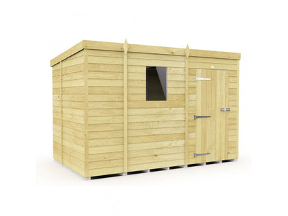 The ShedsDIY Pent Shed 7ft wide includes a flat roof, tongue and groove cladding, a small square window, and a door with metal hinges and latch. Its straightforward design is perfect for garden storage.