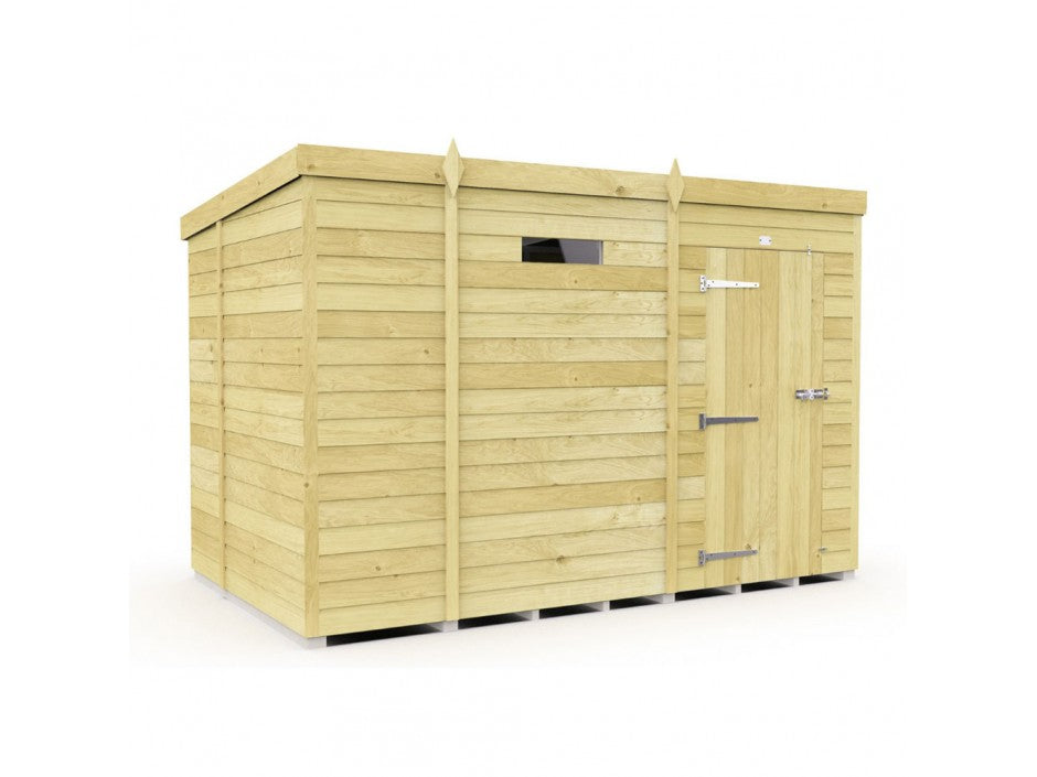 The Pent Shed 7ft wide by ShedsDIY features a flat roof, small window, and single door with metal hinges and a lock. Made from tongue and groove cladding on a supported base, it's ideal for garden storage.