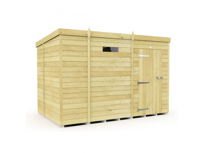 The Pent Shed 7ft wide by ShedsDIY features a flat roof, small window, and single door with metal hinges and a lock. Made from tongue and groove cladding on a supported base, it's ideal for garden storage.