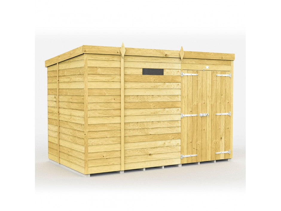 The ShedsDIY Pent Shed 7ft wide features light brown wooden tongue and groove cladding with horizontal paneling, a right-side single door with metal hinges, a small rectangular window above, and a sleek flat roof design.