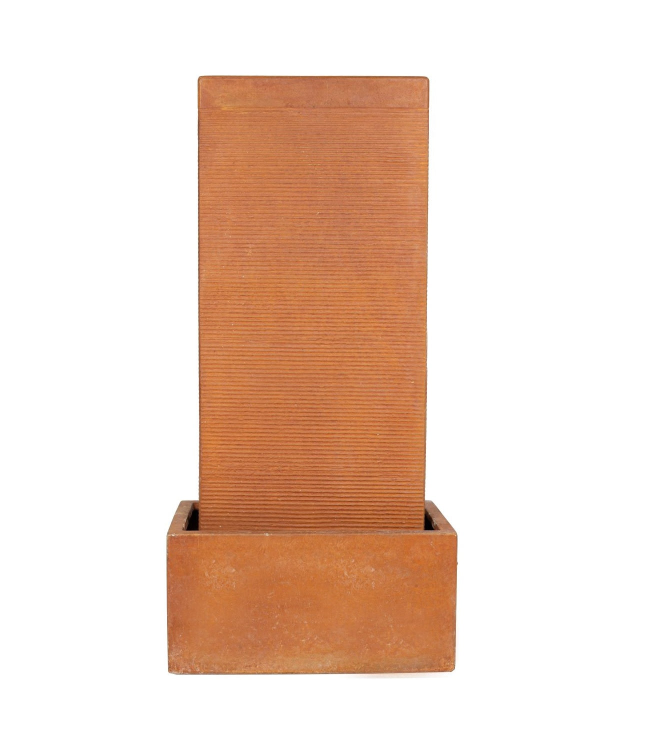 A tall, rectangular, rust-colored water fountain with a ribbed texture. The La Hacienda Amber Falls Water Feature is mounted on a matching rectangular basin and boasts a minimalist, modern design. Made from durable resin structure, it's the perfect garden fountain for contemporary outdoor spaces.