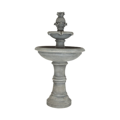 The Angelica Tiered Fountain by La Hacienda showcases an antique stone design with a delightful pineapple top. This solar-powered water feature features a two-tiered bowl structure that stands elegantly on an ornate pedestal base.