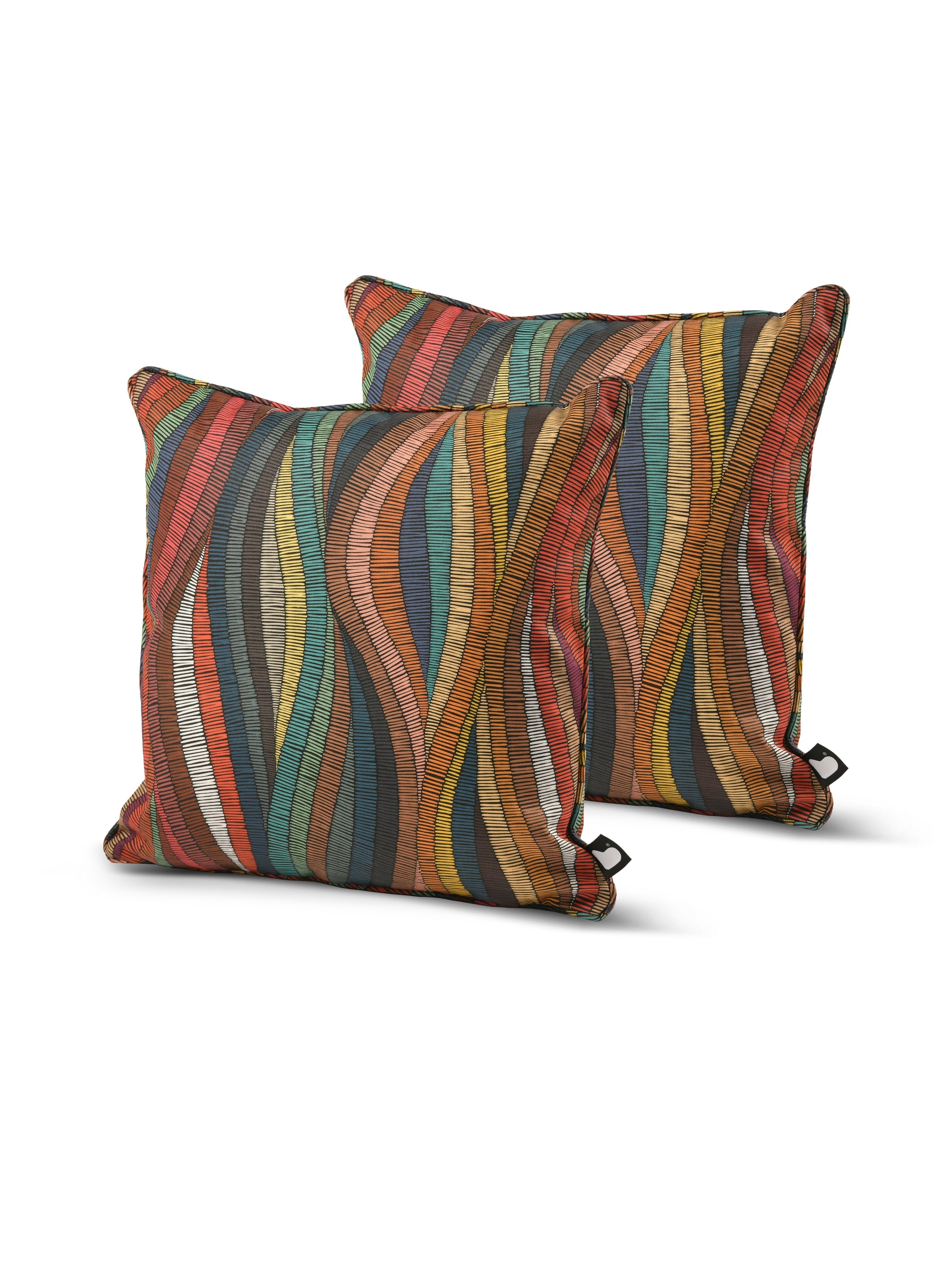 Two Brisks B Cushion Twin Pack Art Collection decorative throw pillows with a colorful, wavy stripe pattern in hues of orange, red, yellow, green, blue, and brown. The square-shaped pillows boast a soft fabric texture and UV-resistant properties, set against a plain white background.