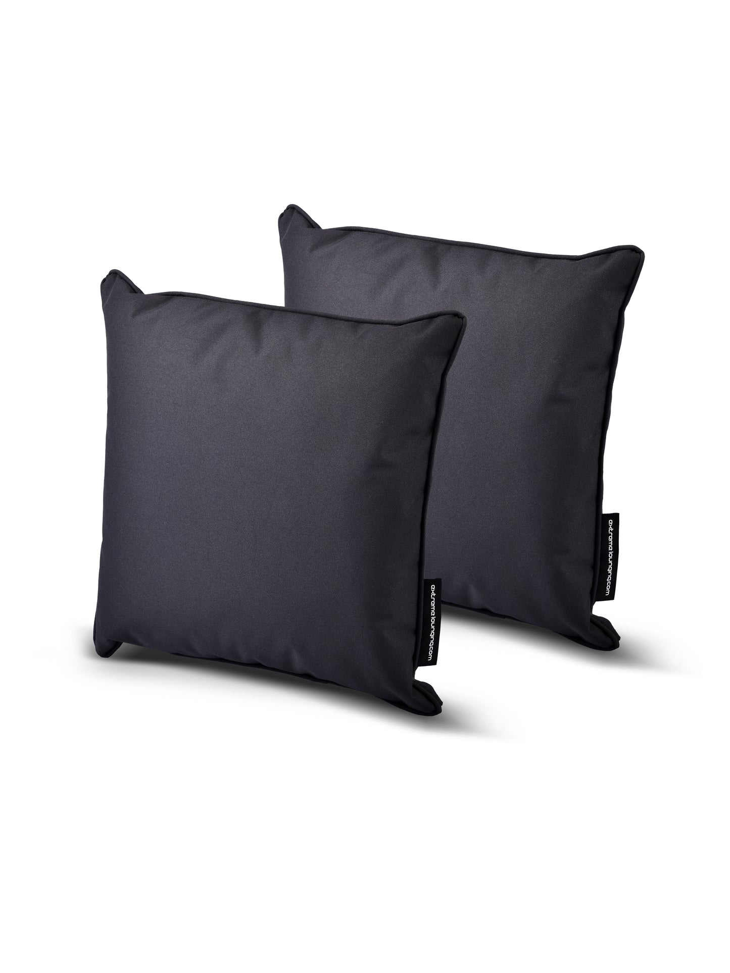 Two black rectangular pillows, crafted from breathable polyester, are positioned side by side against a white background. They have a smooth texture with small tags on the sides displaying a brand name. The lighting highlights the sleek and elegant design of these splash-proof cushions from the B Cushion Twin Pack Brights Collection by Brisks.