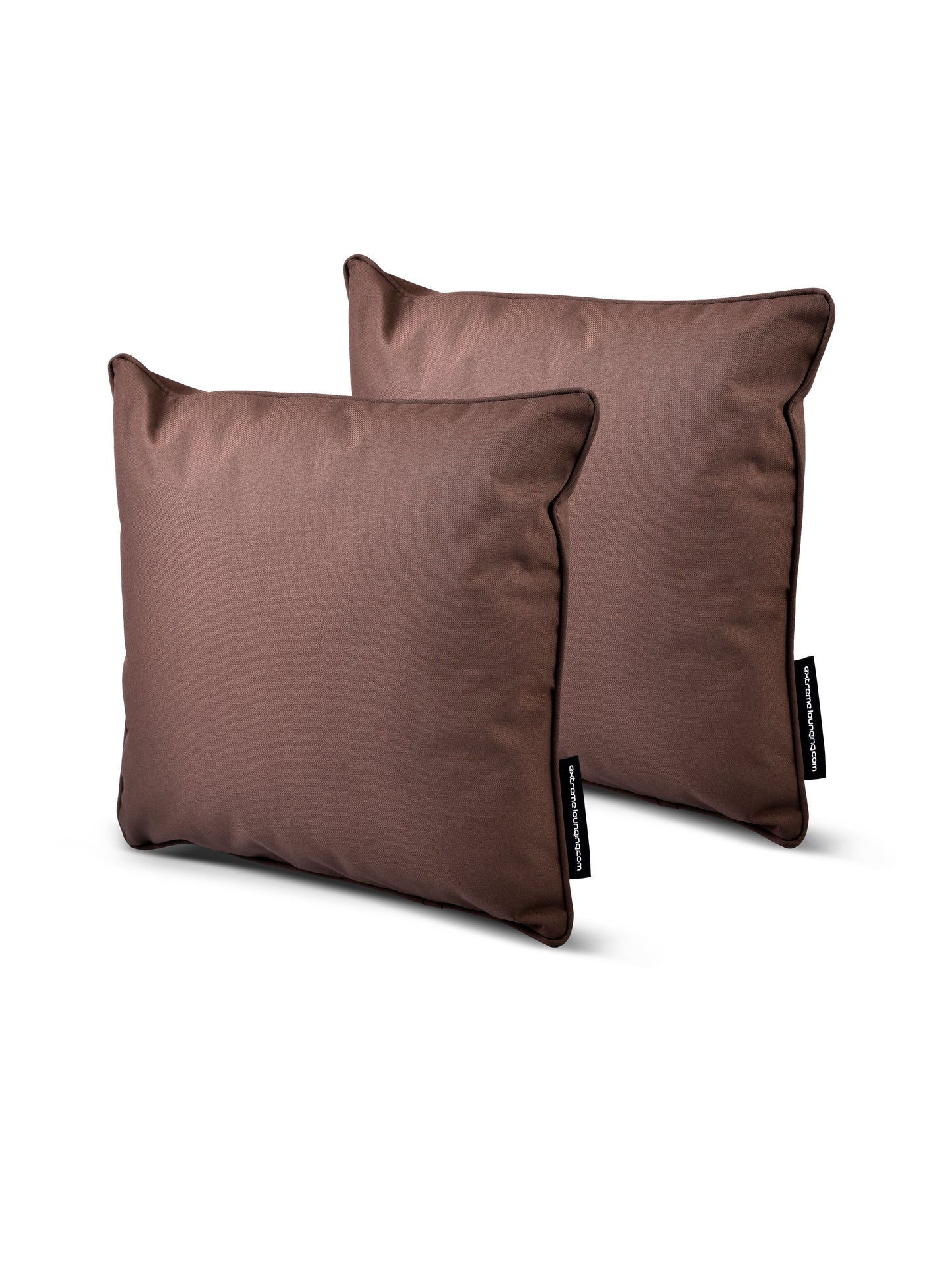 Two brown rectangular pillows from the B Cushion Twin Pack Brights Collection by Brisks, crafted from breathable polyester, are arranged slightly overlapping each other against a white background. Each pillow features a black tag with white text on its side. The pillows appear soft and plush, designed for comfort and support.