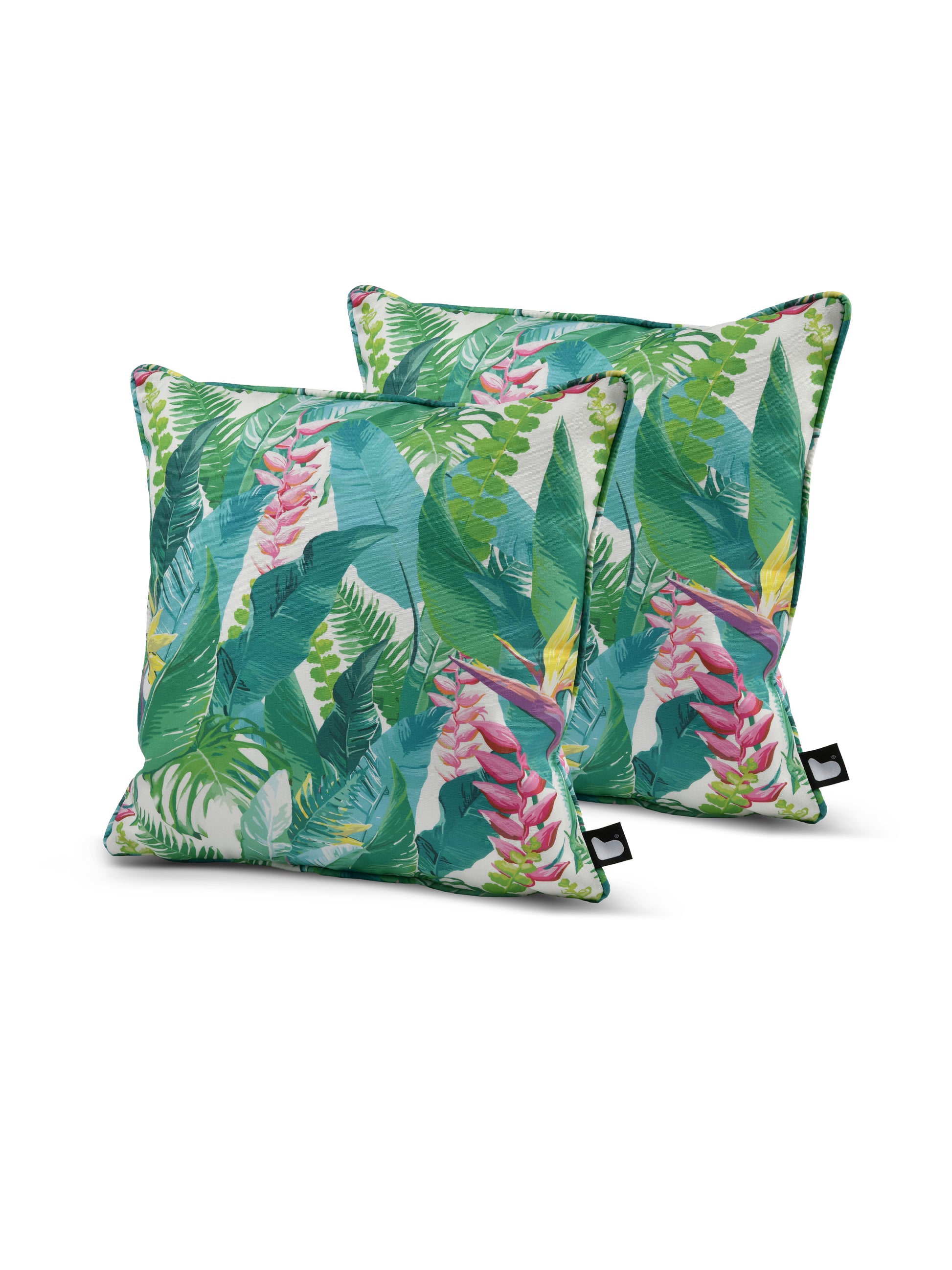 Two square decorative pillows from Brisks, boasting a vibrant tropical print with green palm leaves and pink heliconia flowers. Made with UV-resistant and splash-proof fabric, the edges are piped for a defined border. The background is plain white. This set is called the B Cushion Twin Pack Art Collection.