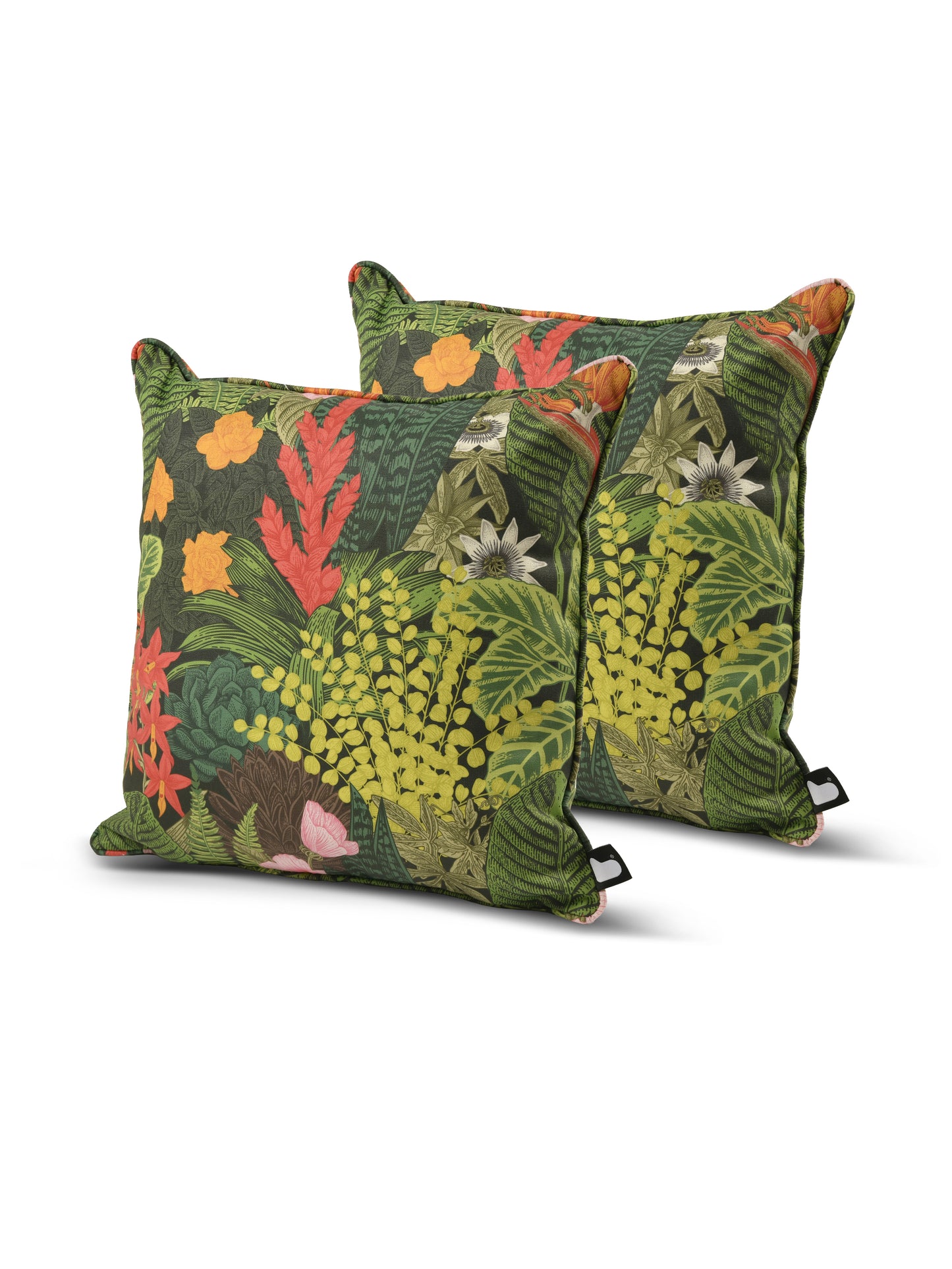 Two square B Cushion Twin Pack Art Collection by Brisks with a vibrant botanical pattern. The design features various shades of green leaves, yellow abaca fibers, and orange and red tropical flowers set against a dark background. Made from splash-proof fabric, the cushions also have small black loops on the sides for attachment.