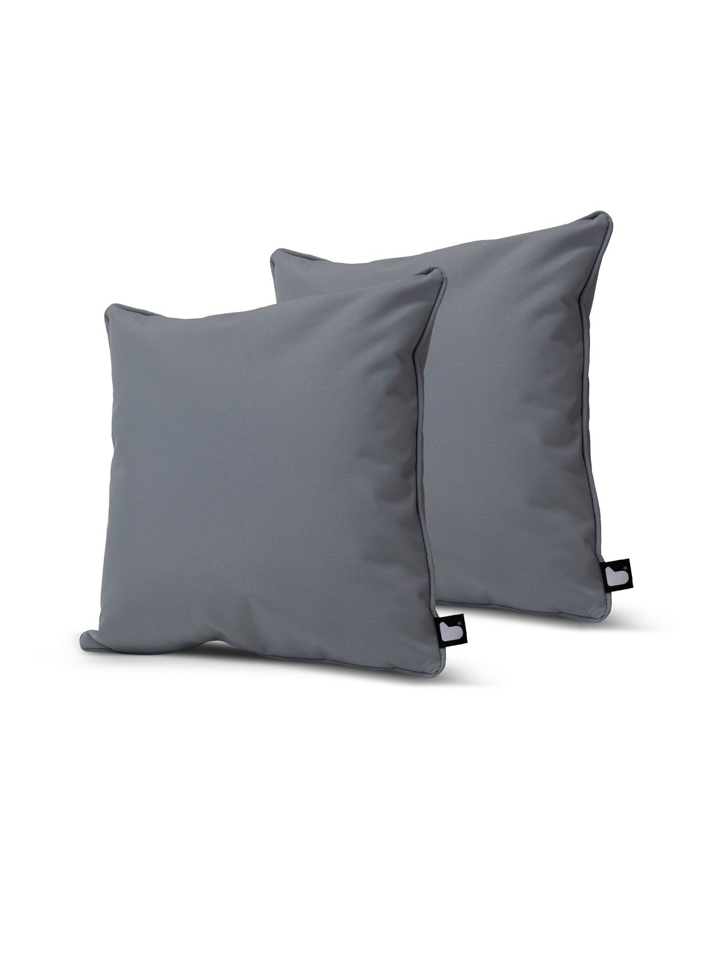 Two square, gray cushions crafted from breathable polyester are positioned side by side, slightly overlapping. Each splash-proof cushion has a small black loop tag on one corner. The background is plain white, placing full focus on the Brisks B Cushion Twin Pack Brights Collection UV-resistant cushions.