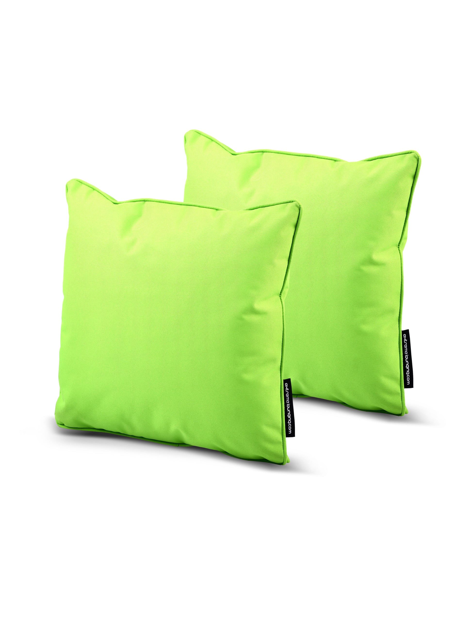 Two vibrant green rectangular pillows are shown against a white background. Each pillow, made from breathable polyester, has a small black tag with white text on one of its edges. The splash-proof cushions, part of the *B Cushion Twin Pack Brights Collection* by *Brisks*, have a smooth surface and slightly rounded corners.