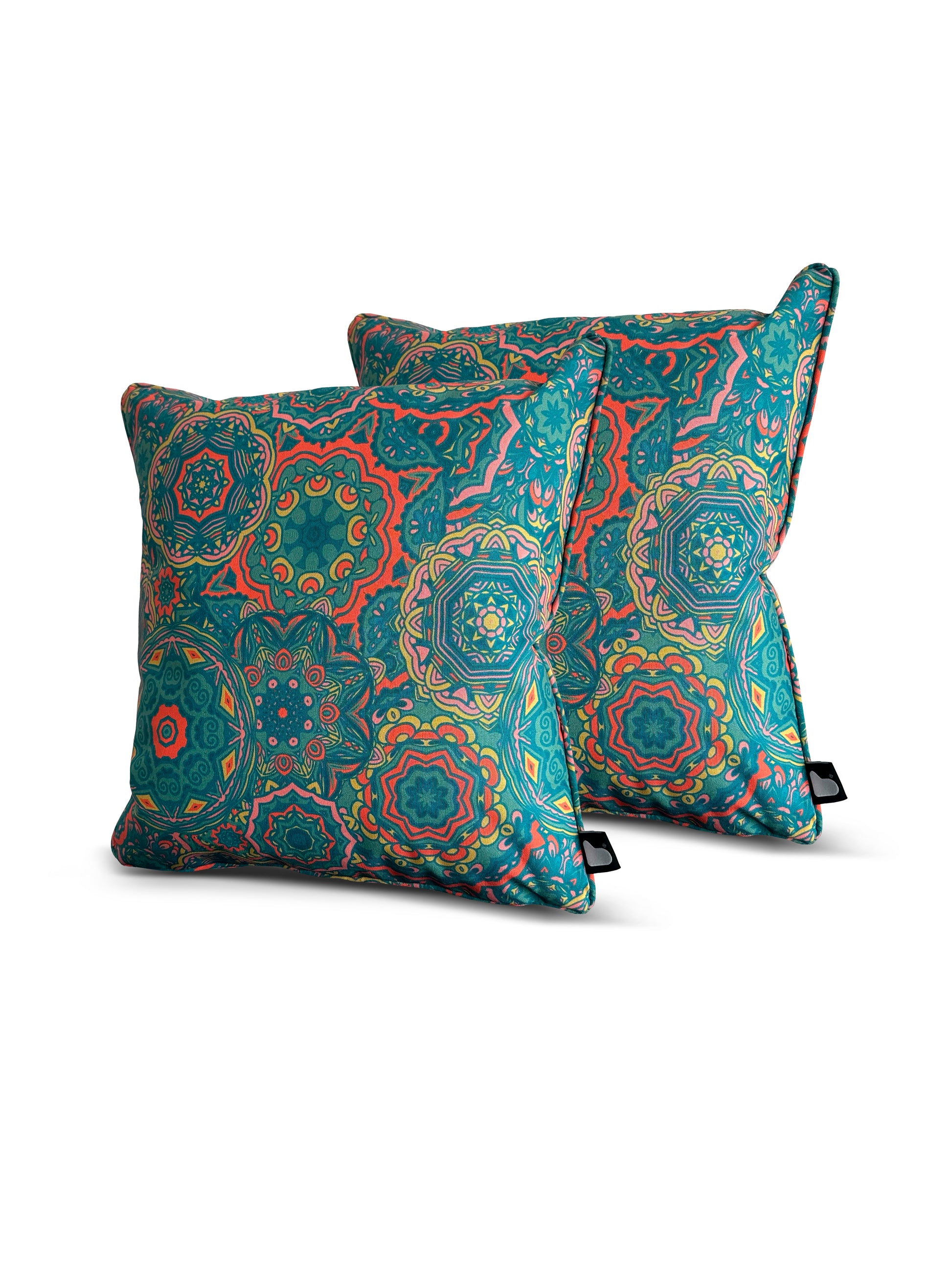 Two colorful B Cushion Twin Pack Art Collection throw pillows from Brisks with intricate mandala patterns in shades of green, orange, pink, and blue. The pillows, made from splash-proof fabric and UV resistant material, are placed against a white background, showcasing their vibrant design and adding a touch of bohemian style.