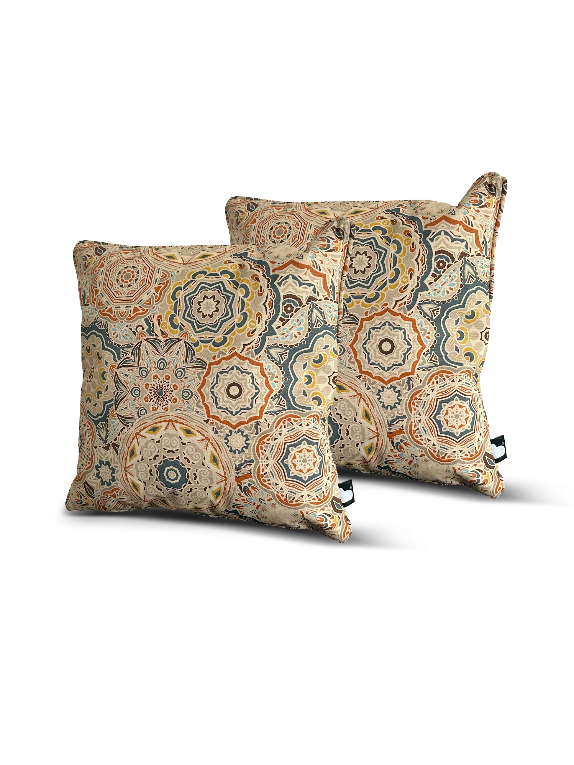 Two Brisks B Cushion Twin Pack Art Collection decorative throw pillows featuring a colorful, intricate pattern of circular, vintage-inspired designs in shades of orange, blue, and beige. Made with splash-proof fabric, the pillows are positioned against a plain white background.