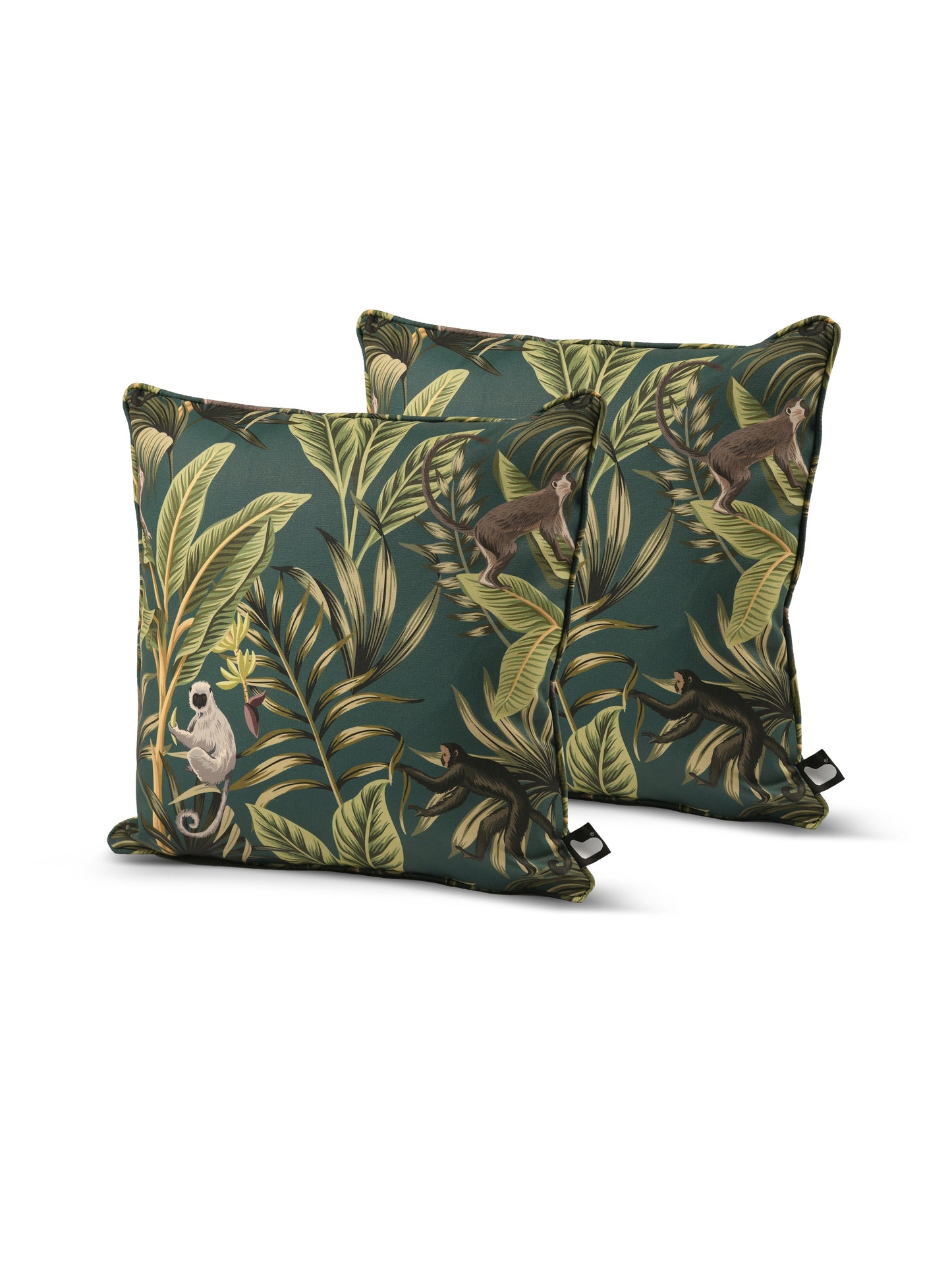 Two square B Cushion Twin Pack Art Collection by Brisks with a dark green background and a tropical leaf pattern feature charming illustrations of monkeys in various positions. The splash-proof fabric ensures durability while also being UV resistant, making them perfect for both indoor and outdoor use.