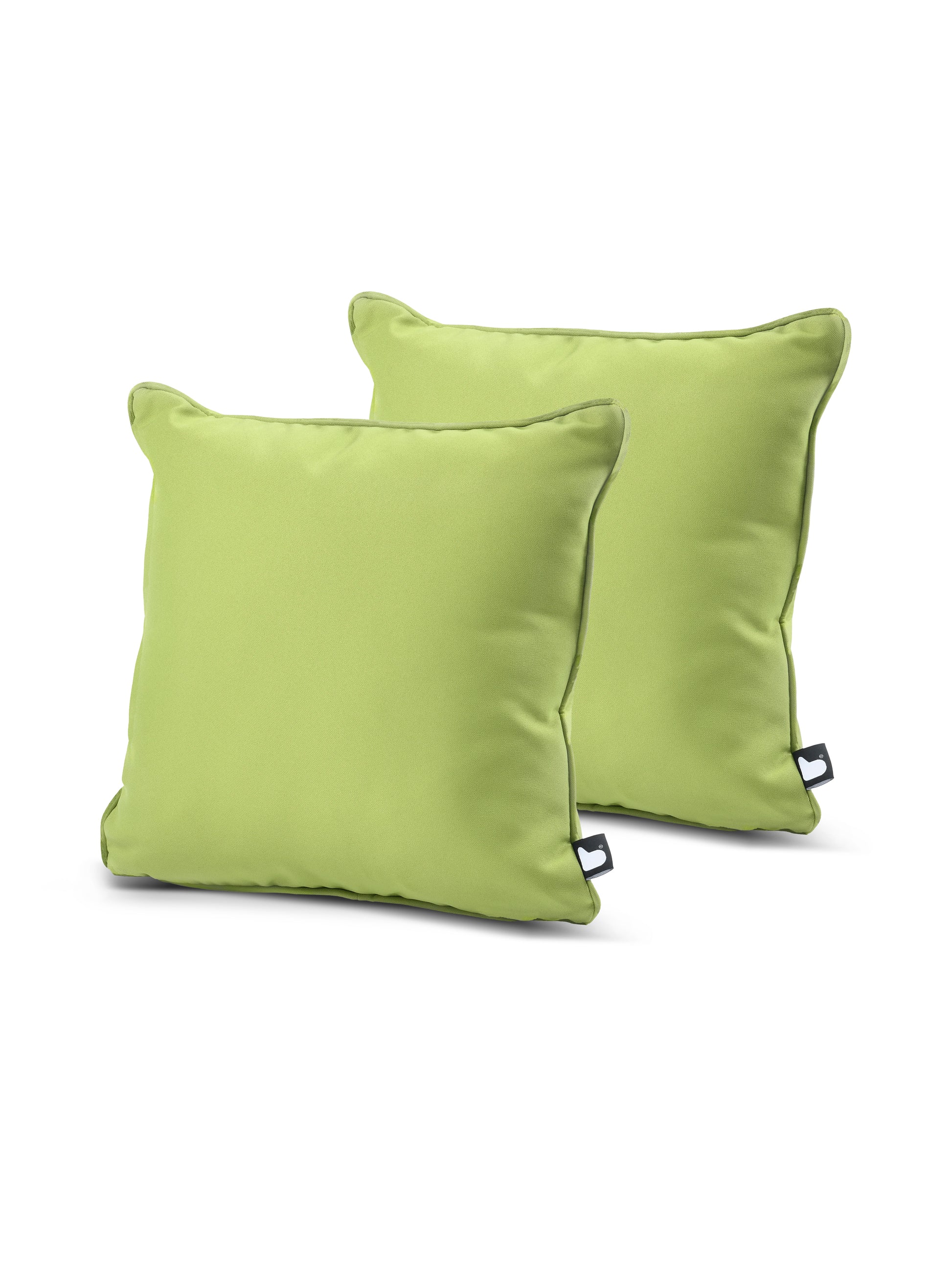 Two B Cushion Twin Pack Brights Collection by Brisks, made from breathable polyester, are pictured side by side against a white background. The pillows have slightly rounded corners and black tags on one edge. Their vibrant color and soft appearance suggest comfort and style for home decor.