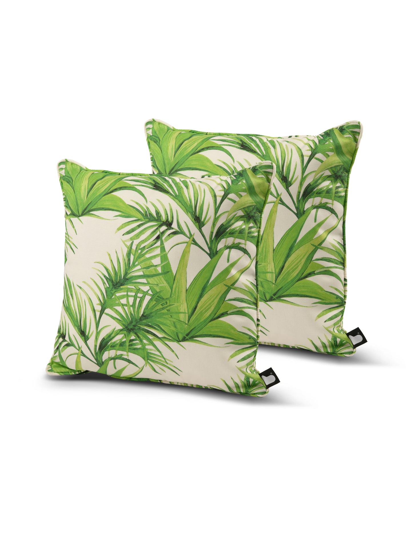 Two square throw pillows from Brisks feature green tropical leaf prints on a white background. The vibrant foliage design, in various shades of green, creates a lush and lively look. Made with UV-resistant and splash-proof fabric, the pillows have small black tags on the bottom corners.