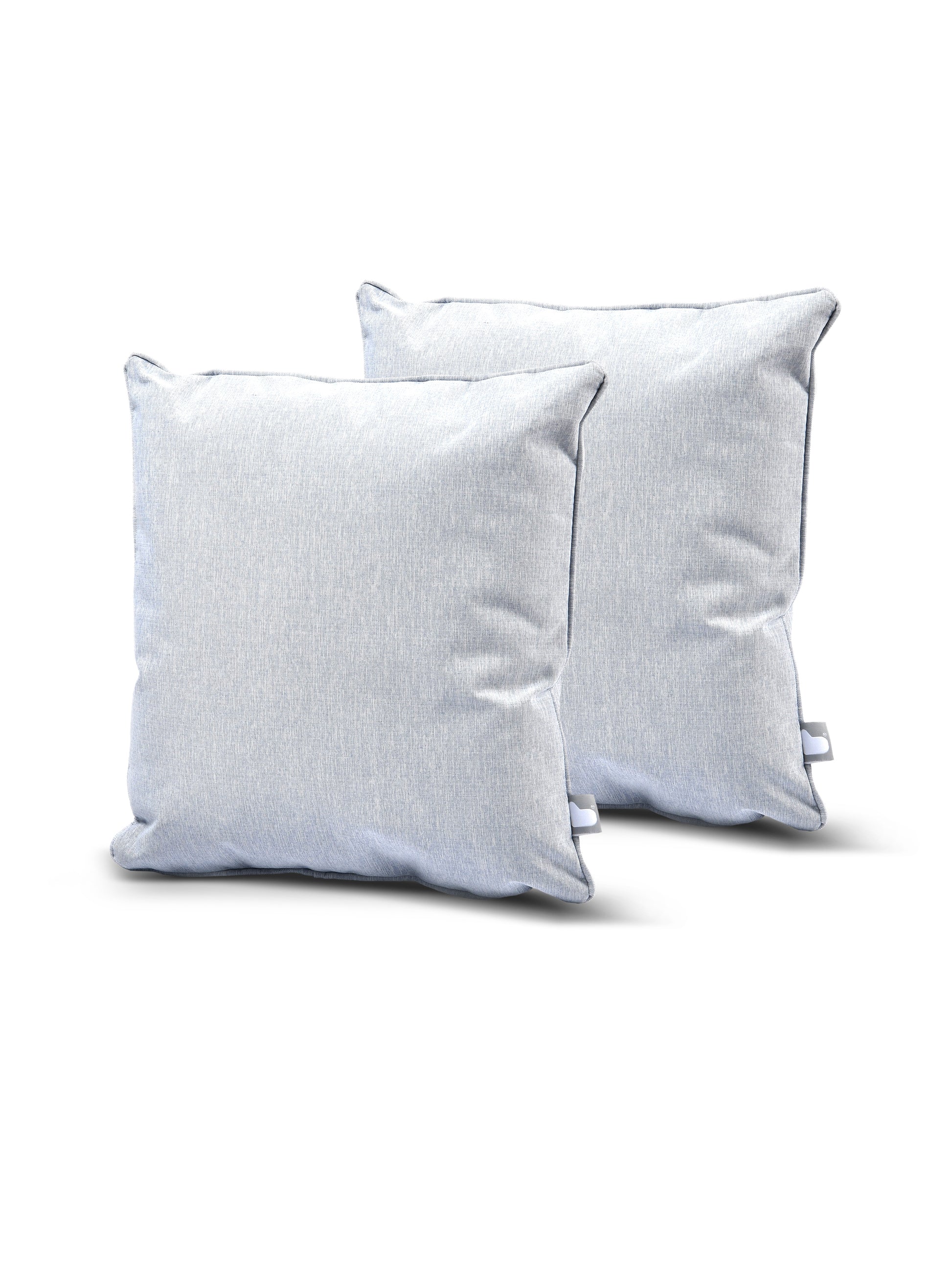 Two square, light gray B Cushion Twin Pack Pastel Collection by Brisks with a smooth texture stand upright against a white background. The pillows appear plush and are identically designed with UV-resistant material, perfect for home decor or comfort.