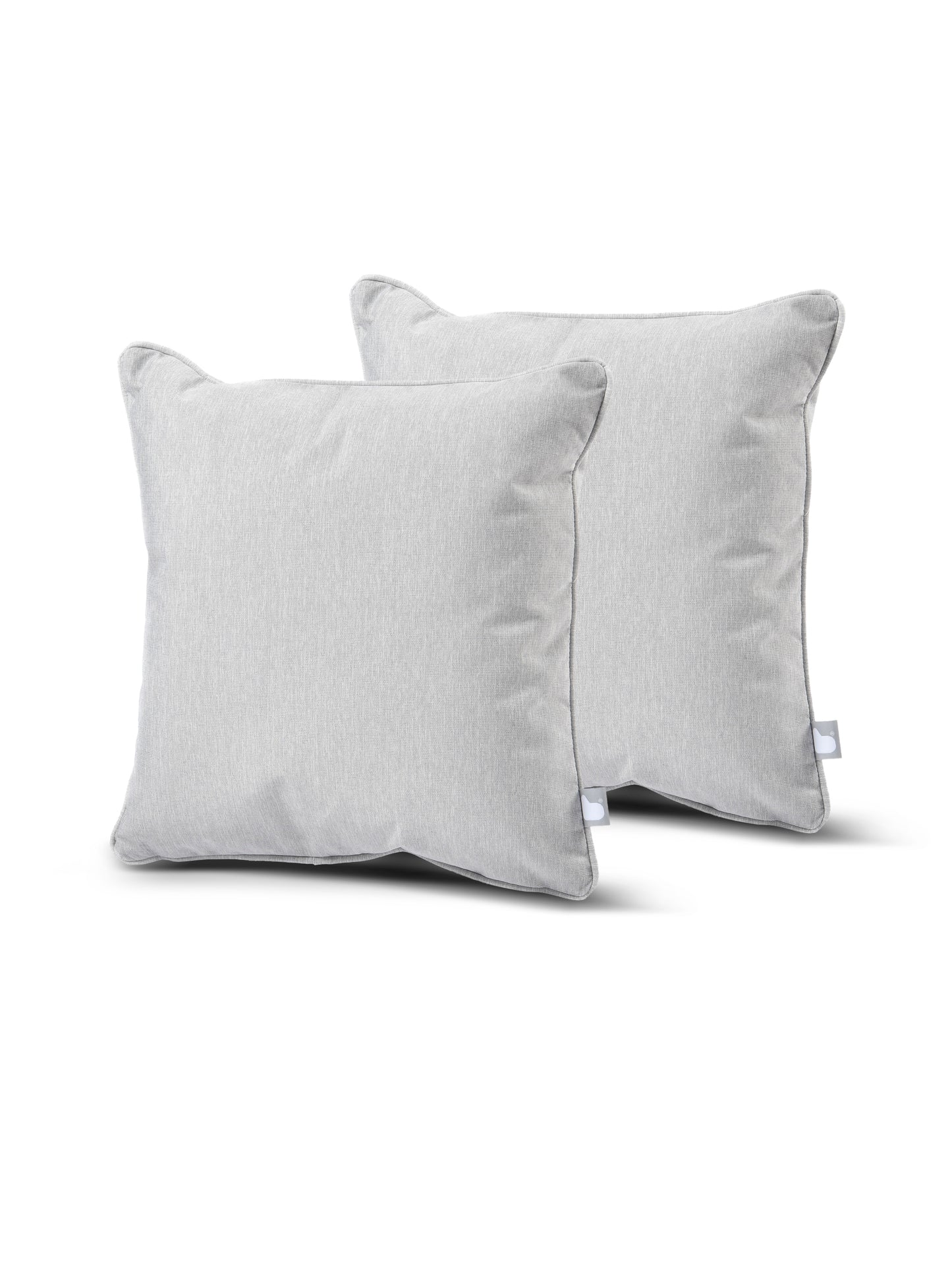 Two grey square B Cushion Twin Pack Pastel Collection by Brisks, placed at a slight angle to each other against a plain white background. The cushions have a minimalist design with subtle stitching and splash-proof fabric, creating a simple and elegant look ideal for home decor.