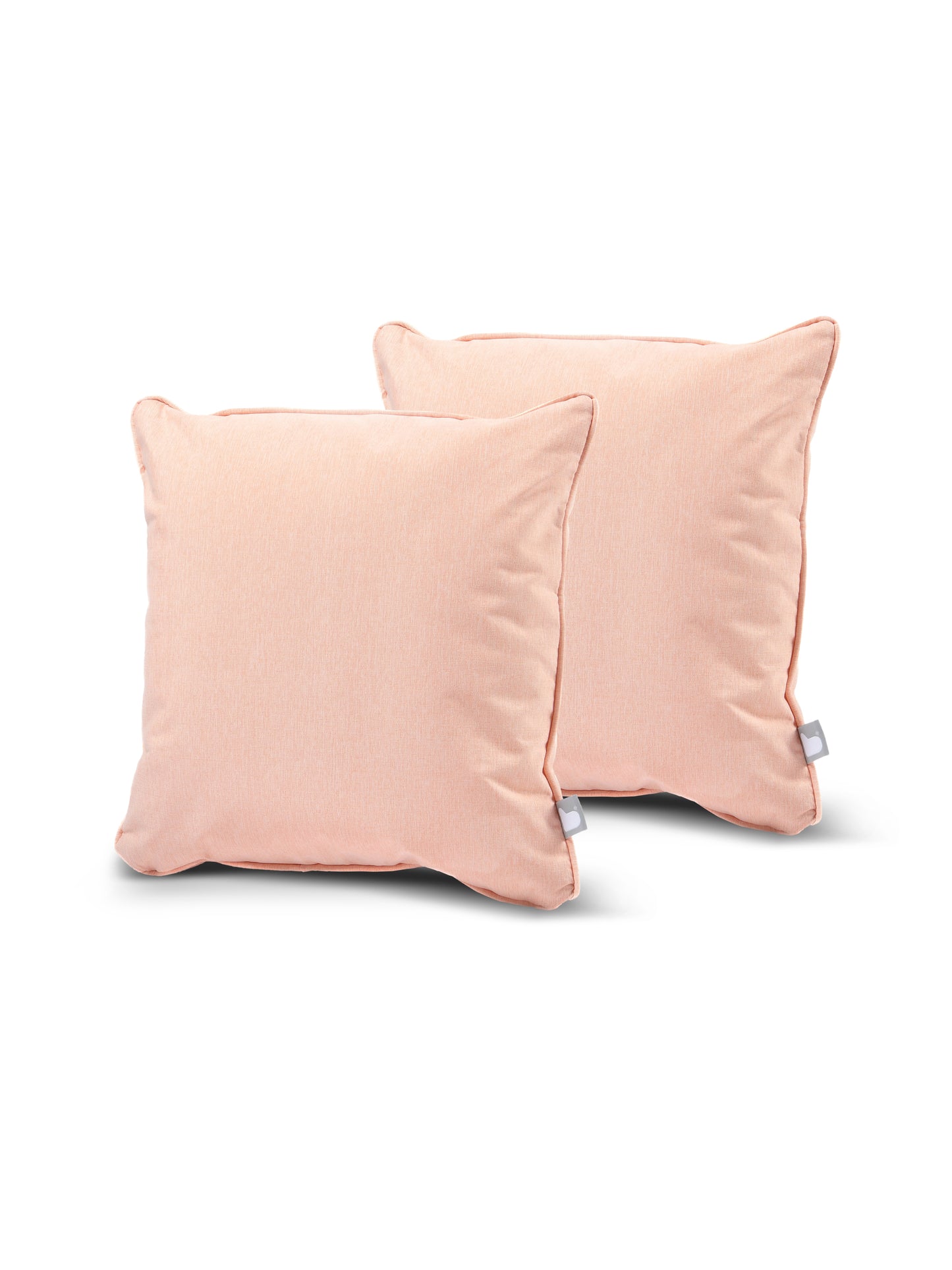 Two peach-colored square B Cushion Twin Pack Pastel Collection from Brisks with smooth, splash-proof fabric are placed against a white background. Each pillow has a small white tag on one of the bottom corners. The pillows have a subtle sheen and appear plush and comfortable, perfect for adding elegance to your decor.