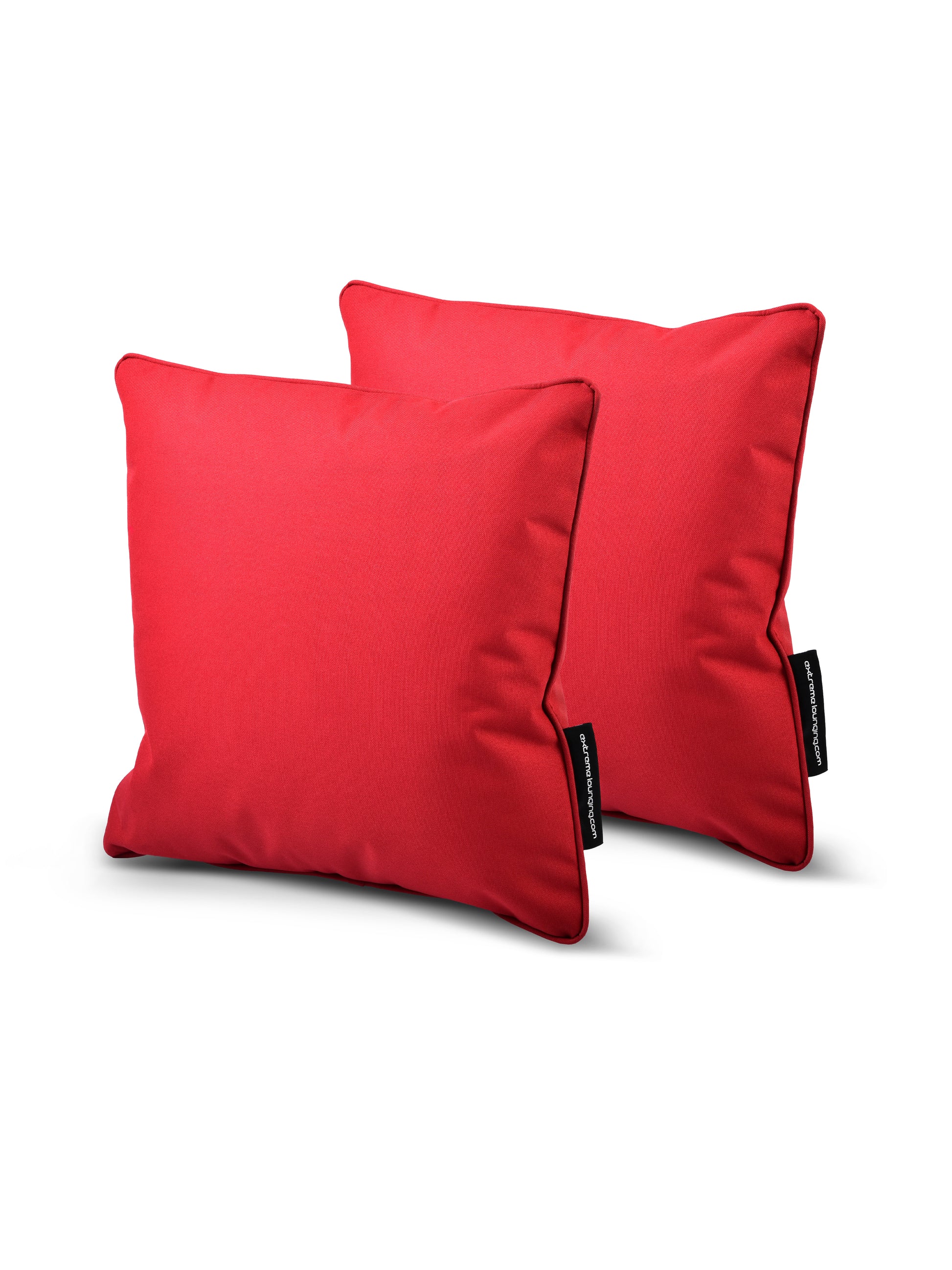 A pair of red, splash-proof cushions crafted from breathable polyester, Brisks B Cushion Twin Pack Brights Collection.