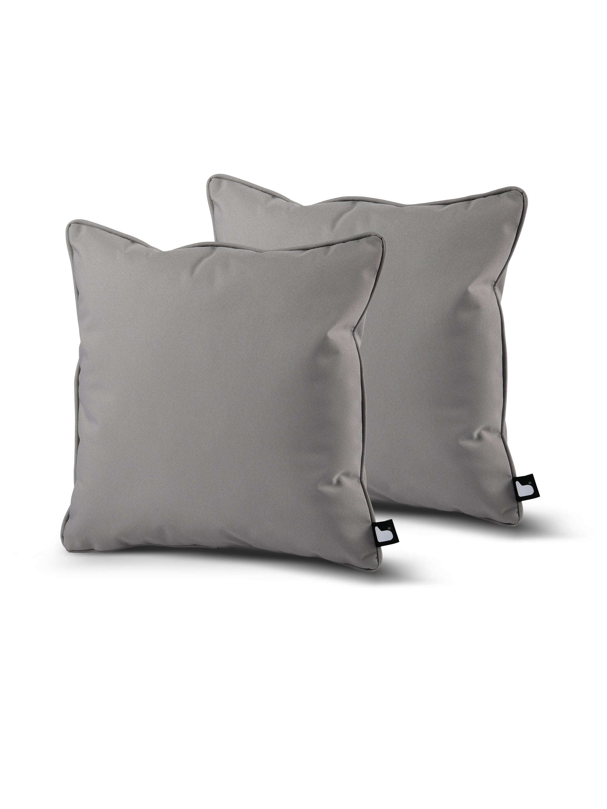 Two gray throw pillows with smooth, breathable polyester fabric are shown against a white background. Each pillow has a black tag on one edge. The **B Cushion Twin Pack Brights Collection** from **Brisks** is stacked with one slightly in front of the other, both upright.