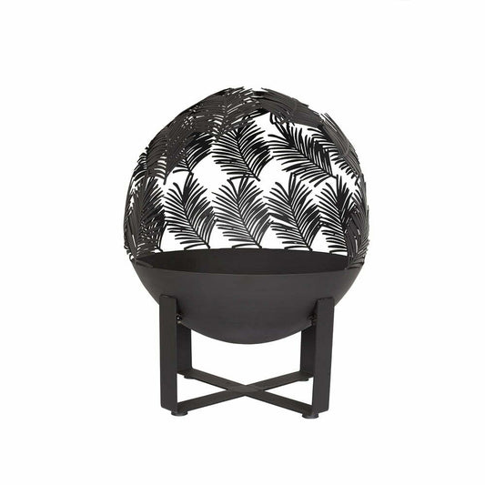 The La Hacienda Black Forest Fire Globe is an enchanting black fire pit with a spherical design, featuring intricate laser-cut palm leaf patterns. Its robust, cross-legged base offers both decorative charm and functionality for any outdoor environment.