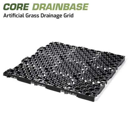 The CORE DRAINBASE by Core LP is a black honeycomb-patterned drainage grid made from recycled HDPE, labeled "CORE DRAINBASE" and "Artificial Grass Drainage Grid," perfect for roof garden drainage. Available in packs of 60 grids.