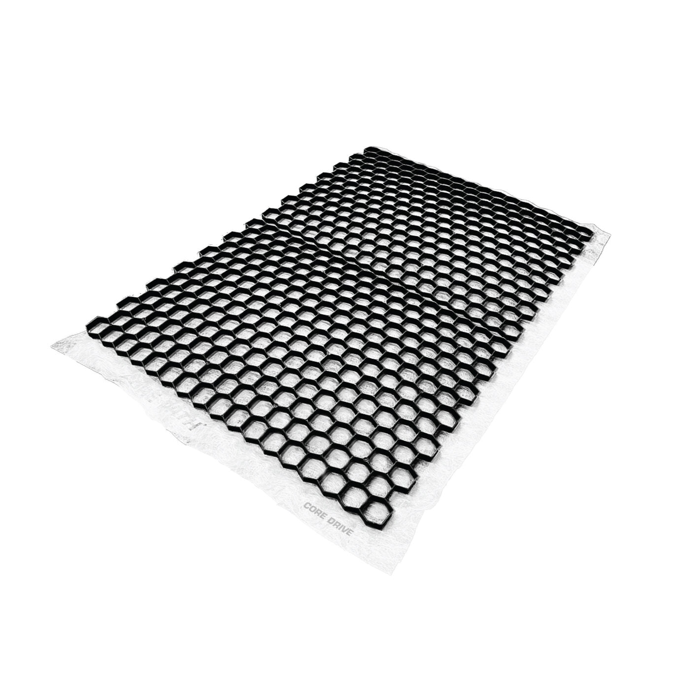 The CORE DRIVE 40-30/40-40 Gravel Grid by Core LP features a black, honeycomb-patterned drainage mat on a white surface. With interlocking hexagonal cells, it ensures effective water flow and gravel stabilization. Its flat rectangular edges make it practical for eco-friendly landscaping.