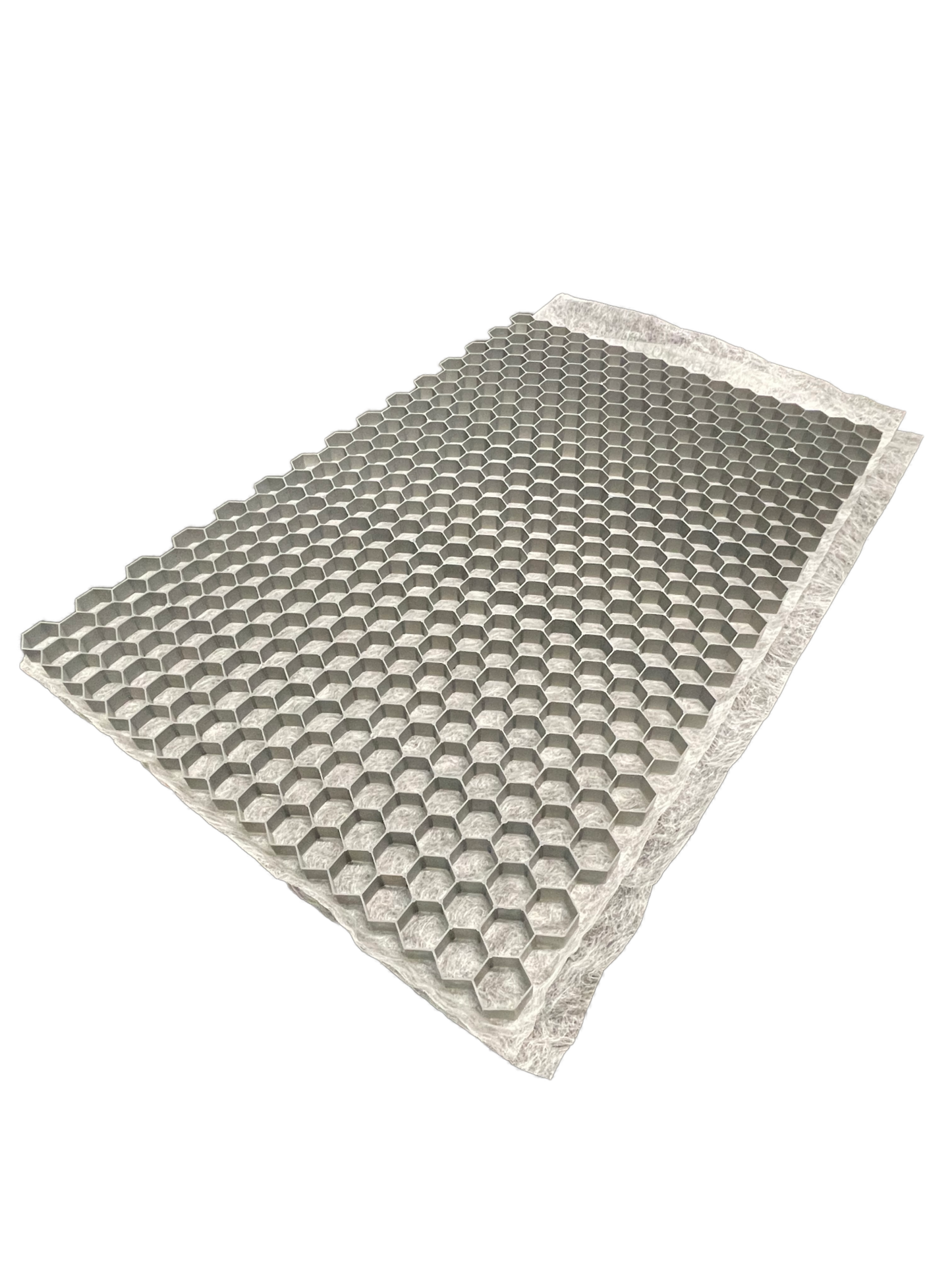 The CORE DRIVE 40-30 / 40-40 - Gravel Grid by Core LP is a rectangular sheet with a 3D honeycomb hexagonal structure for gravel stabilization. One end is partially elevated for a perspective view, and the edges form a contrasting flat band.