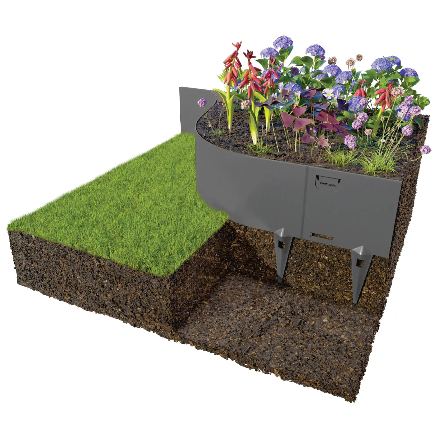 A diagram shows a CORE EDGE garden bed with colorful flowers on top and Core LP flexible steel edging extending into the soil. Next to it, green grass rests on soil layers, showcasing this durable CORE EDGE (65mm/100mm/150mm) as an ideal DIY garden solution.