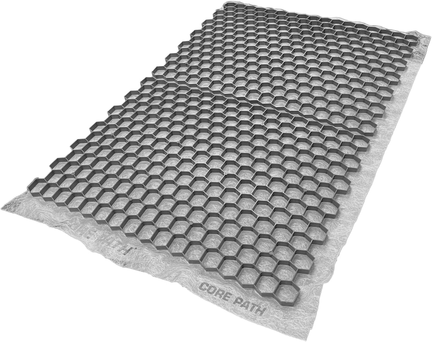 A flexible, durable rectangular sheet features a hexagonal honeycomb grid with a textured border. "CORE PATH PRO 45-20 - Gravel Grid" is visible at the bottom, indicating its role in sustainable drainage systems (SuDS) by Core LP.