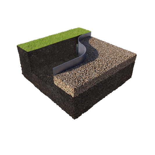 A 3D cross-section diagram illustrating soil layers presents grass growing on dark soil to the left. The CORE DATUM EDGE 3mm by Core LP acts as an effective curved metal barrier, neatly separating the soil from the gravel on the right, showcasing its practicality in commercial landscaping.