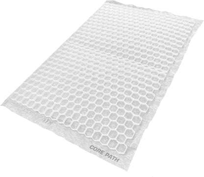 The CORE PATH PRO 45-20 gravel grid mat from Core LP, with hexagonal cells forming a honeycomb pattern, is flexible and rectangular. The Sustainable Drainage System (SuDS) design includes "CORE PATH PRO" printed on the edge and lies on a white surface.