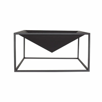 Introducing the La Hacienda Cairo Firepit by La Hacienda, showcasing a striking geometric design. This black metal firepit features a triangular base gracefully suspended within a rectangular frame. Its contemporary style is highlighted by clean lines and an application of high-temperature paint, enhancing its open, minimalist aesthetic.