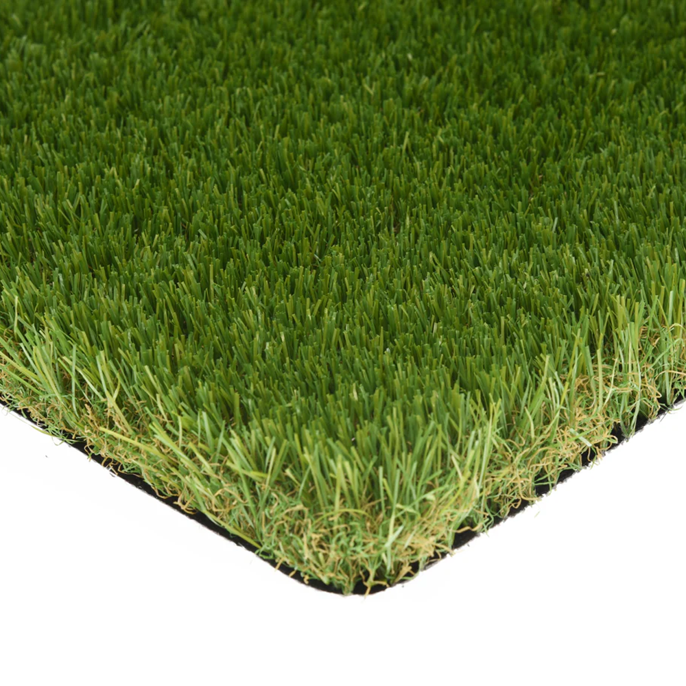 Close-up of Deck&Grass's Budget Artificial Grass (30mm/38mm/40mm per m²) features dense green blades and textured backing. Edges are neatly trimmed, mimicking natural grass for a realistic look.